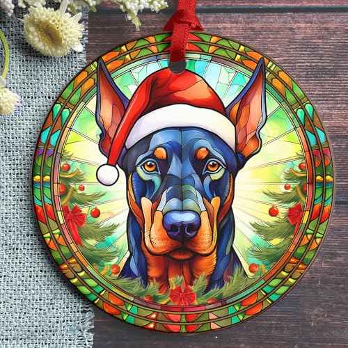 2025 Christmas Ornament - Cute Christmas Santa Hat Doberman Dog Ceramic Ornament, Doberman Christmas Decoration, for Dog Lovers, Family, Friends