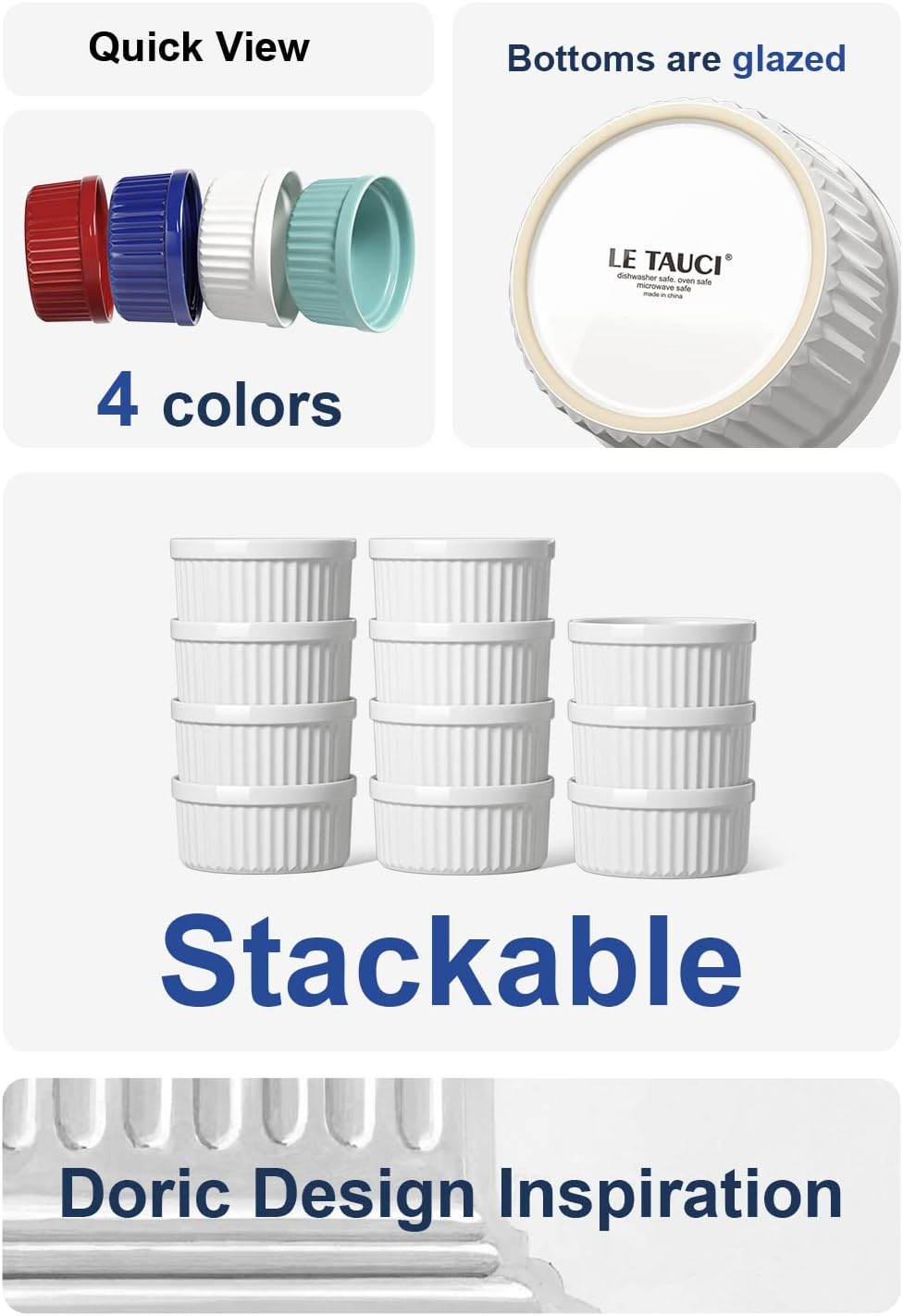 LE TAUCI Ramekins - 8 OZ Oven Safe Ceramic Custard Cups Set of 6 | White Souffle & Dipping Dishes