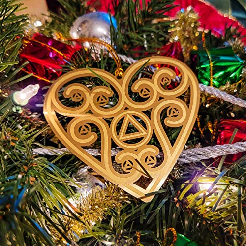 AA Recovery Heart Sobriety Christmas Ornament | Alcoholics Anonymous Sober Gift | Stamped Brass