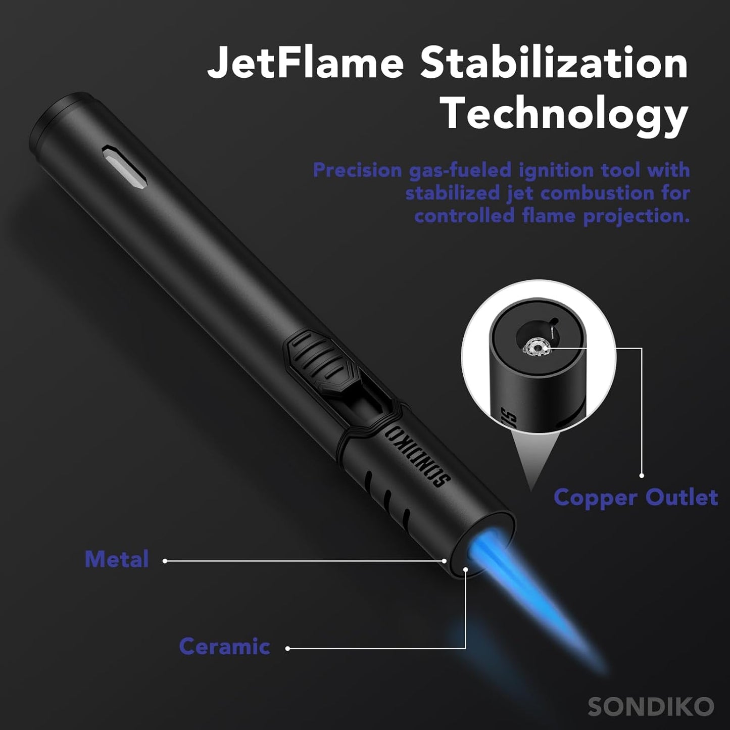 Sondiko Torch Lighter - Refillable Butane with Adjustable Jet Flame & Metal Shell | Butane Refill Kit Included