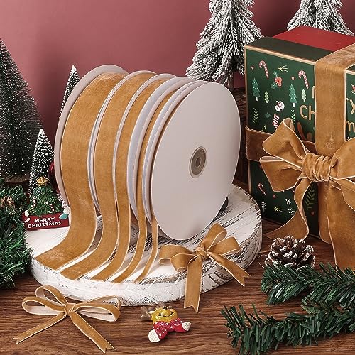 Khaki Velvet Ribbon 3/8 in x 20 yd - Gift Wrapping, Floral Bouquets, DIY Decor (Jeuhoue)