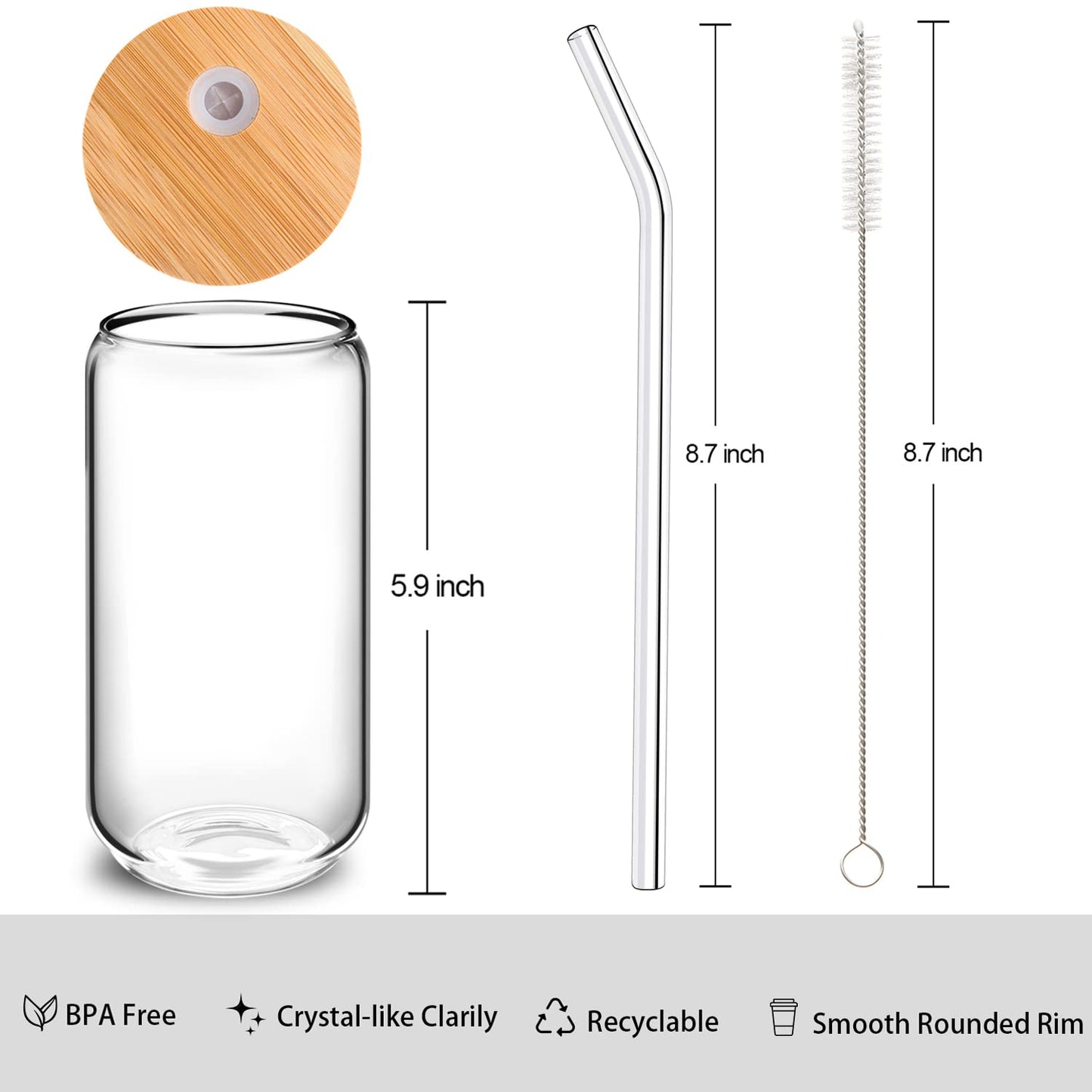MOHARY Drinking Glasses with Bamboo Lids and Glass Straw 2PCS Set - 16oz Glass Cups with Lids and Straws, Iced Coffee Glasses, Ideal for Whiskey, Beer, Tea, Gift 1 Cleaning Brushes