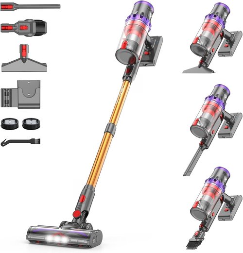 Coovy SU7 Cordless Vacuum Cleaner - 580W Powerful Stick Vacuum with 80 Minutes Runtime | Anti-Tangle, Lightweight, Gold