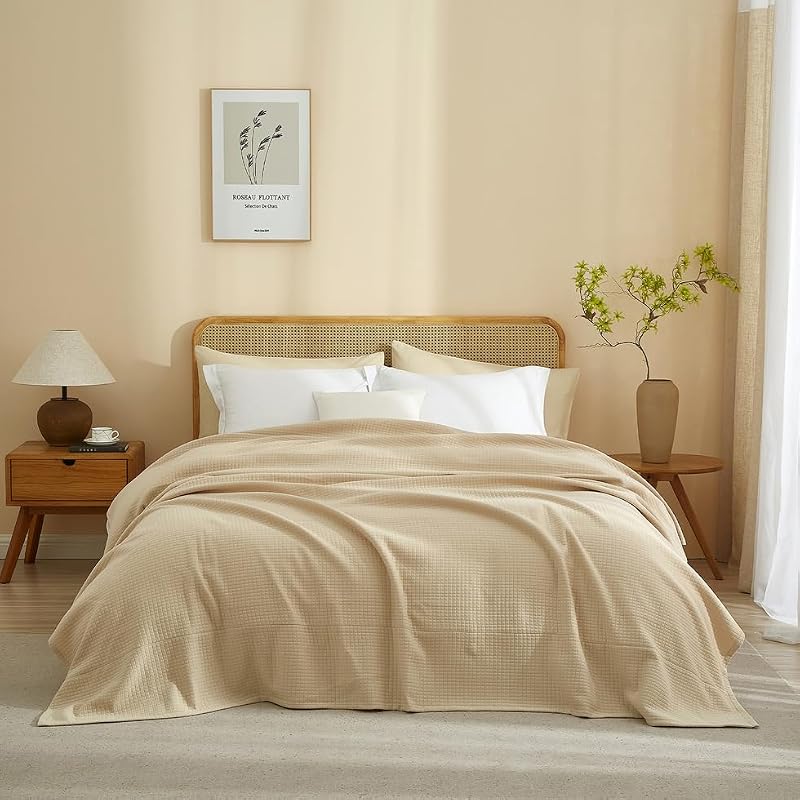 AMWAN Cozy Khaki Queen Blanket 90x90 in Cotton Blend Jersey Knit Quilted Grid