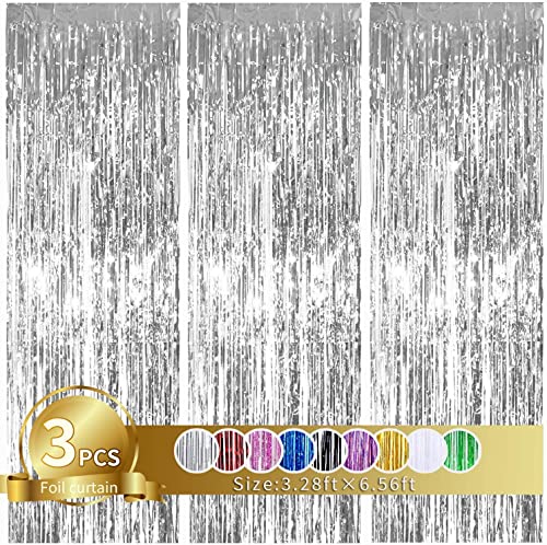 TONIFUL 3-Piece Silver Foil Tinsel Curtain Backdrop 3.28ft x 6.56ft – Photo Booth Fringe Decor