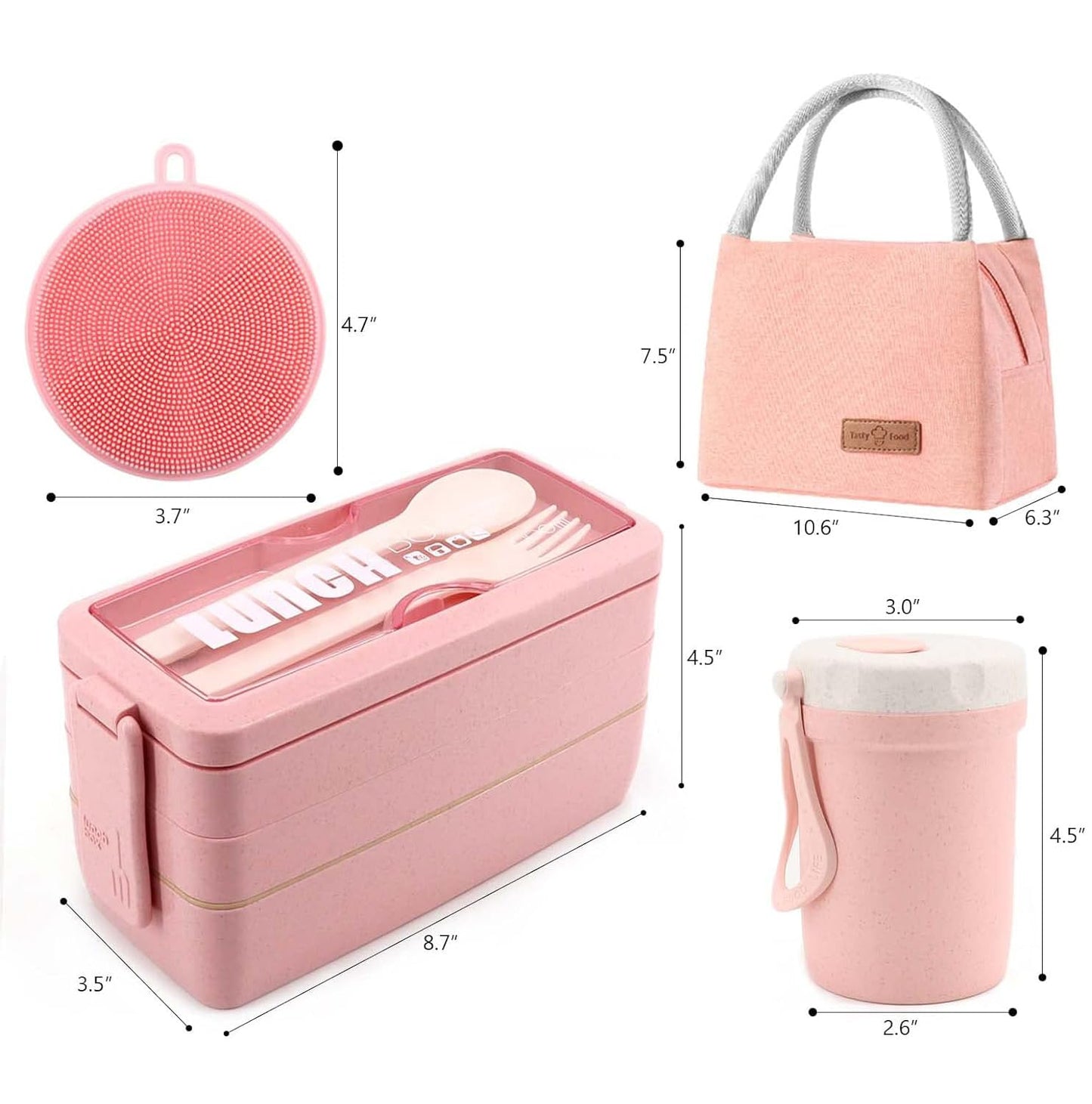 Meltset M Bento Box Japanese Lunch Box Kit Leakproof Bento Lunch Box for Kids Adults Wheat Straw 3 Layer Stackable Lunch Containers with Compartment Eco-Friendly Meal Prep Containers (Pink)