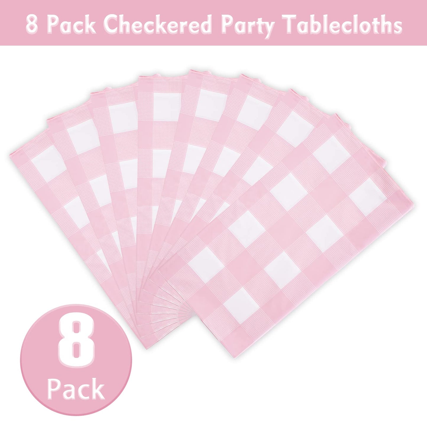 Kesfey 8 Packs Pink and White Checkered Tablecovers 54 x 108 Inches Disposable Party Picnic Table Cloth SpillProof Plastic Gingham Tablecovers for Camping Decoration Party Favors