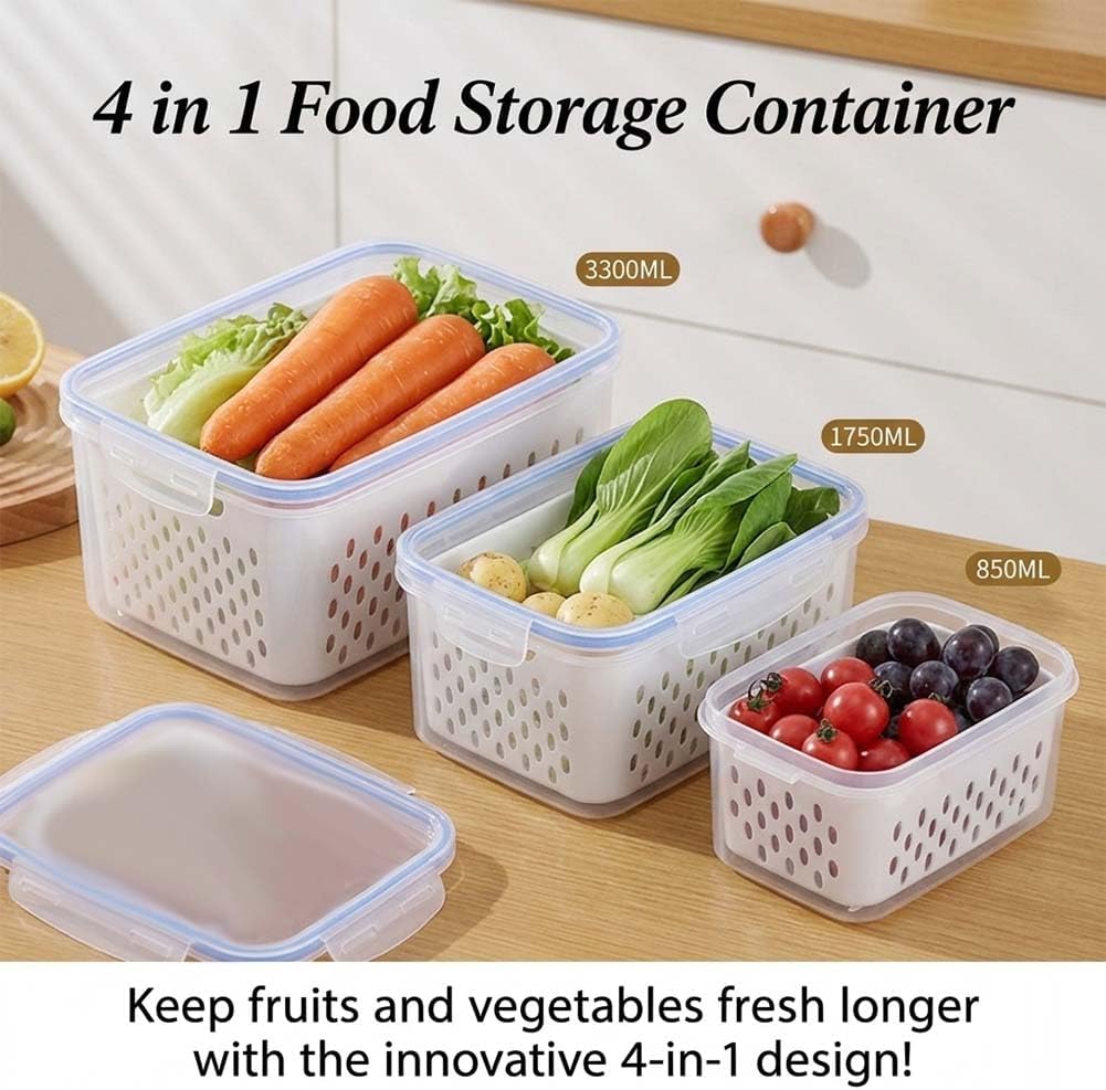 Skiennix 4-in-1 Food Storage Containers - Transparent Plastic with Lids & Drain Basket | Gray (S, M, L)