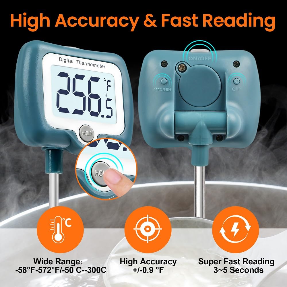 Candy Thermometer for Candy Making with Rotatable Large Display 10'' Long Probe,Digital Instant Read Candy Thermometer with Pot Clip,Candle Smoker, Oil Cooking (Blue)