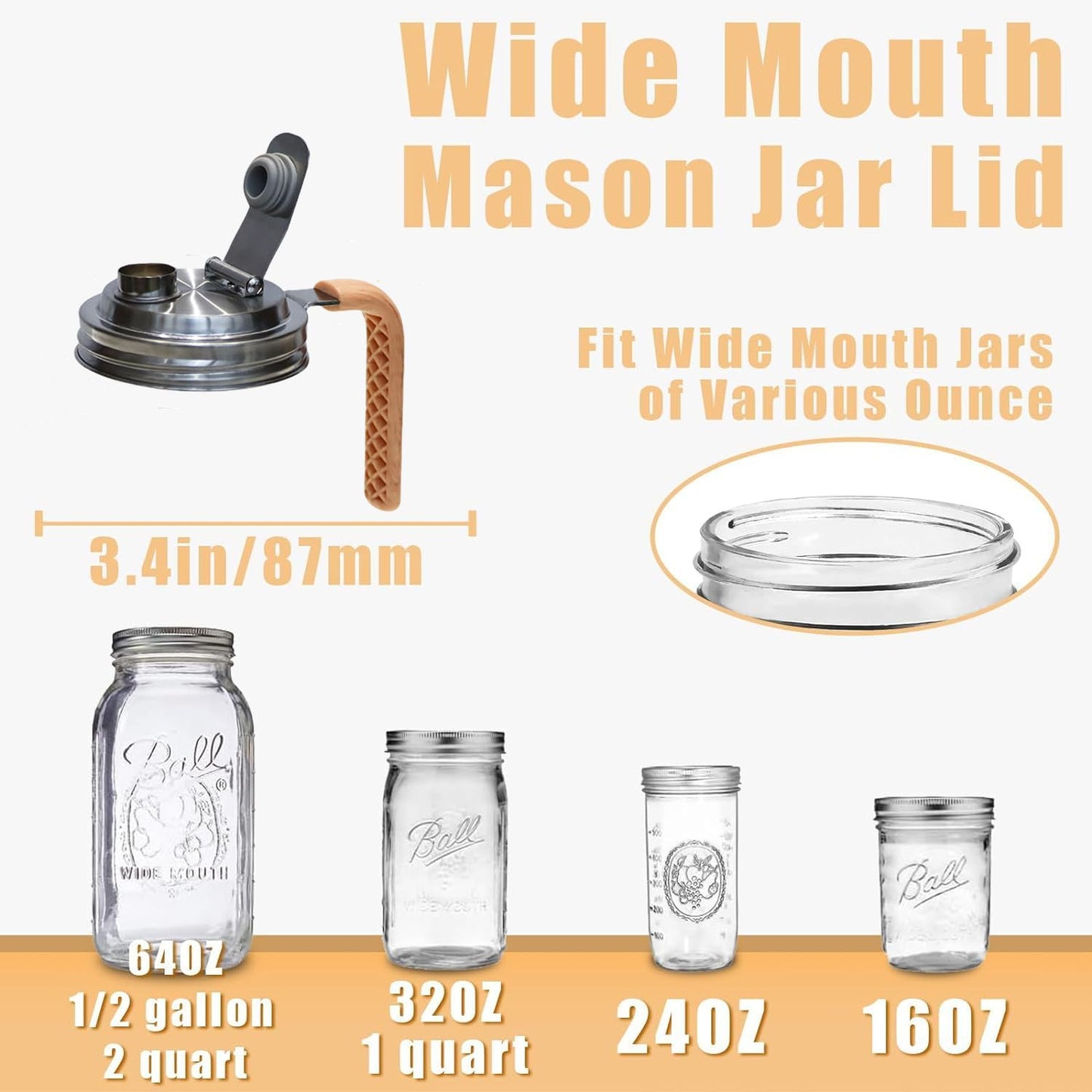 Stainless Steel Mason Jar Lids with Rubber Gasket and Handle,Mason Jar Lids for Wide Mouth,Bottle Cover for Cold Brew Grain Screw Cans Caps (Jars Not Included) (4)