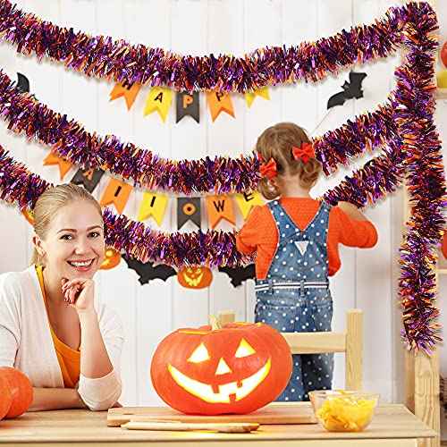 DIYDEC 33FT Halloween Tinsel Garlands, 5pcs Black Purple Orange Glittering Hanging Metallic Garland Decorations for Halloween Home Indoor Outdoor Party Ornaments