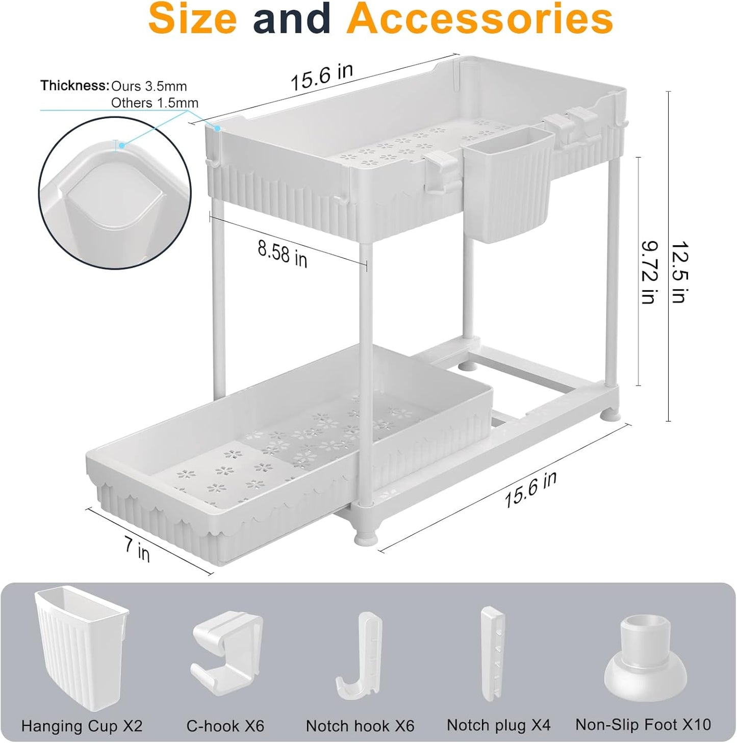 Sevenblue Under Sink Organizers - 2 Tier Sliding Bathroom & Kitchen Storage Shelf | White 2 Pack