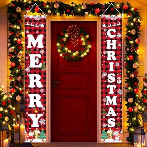 Aeergured Christmas Banner Red Black Buffalo Plaid 71" x 12" Welcome Porch Sign – Indoor/Outdoor, Santa Tree design, Merry Christmas, Reusable