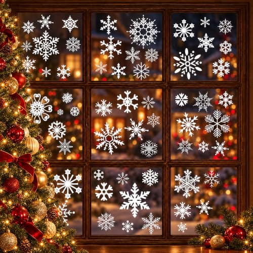 MDDRUIQI White Christmas Snowflake Window Clings - 9 Sheets, 132 Decals