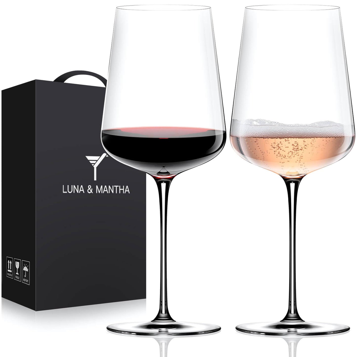 Red Wine Glasses Set of 2, 15 oz Exquisite Hand Blown Crystal Wine Glass, White Modern Wine Glass with Stem, Ideal Gift for Martini Set, Toasting at Weddings, Anniversaries, or Birthdays