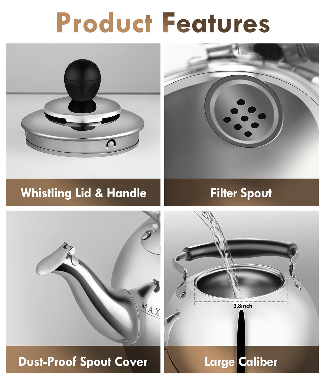 Stovetop Tea Kettle with Whistle - 2.0 Quart 18/8 Stainless Steel Tea Pot for Gas Stove & Electric Coil Stovetop, Food-Safe, Easy-Pour Spout, Mirror Polished Classic Water Kettle