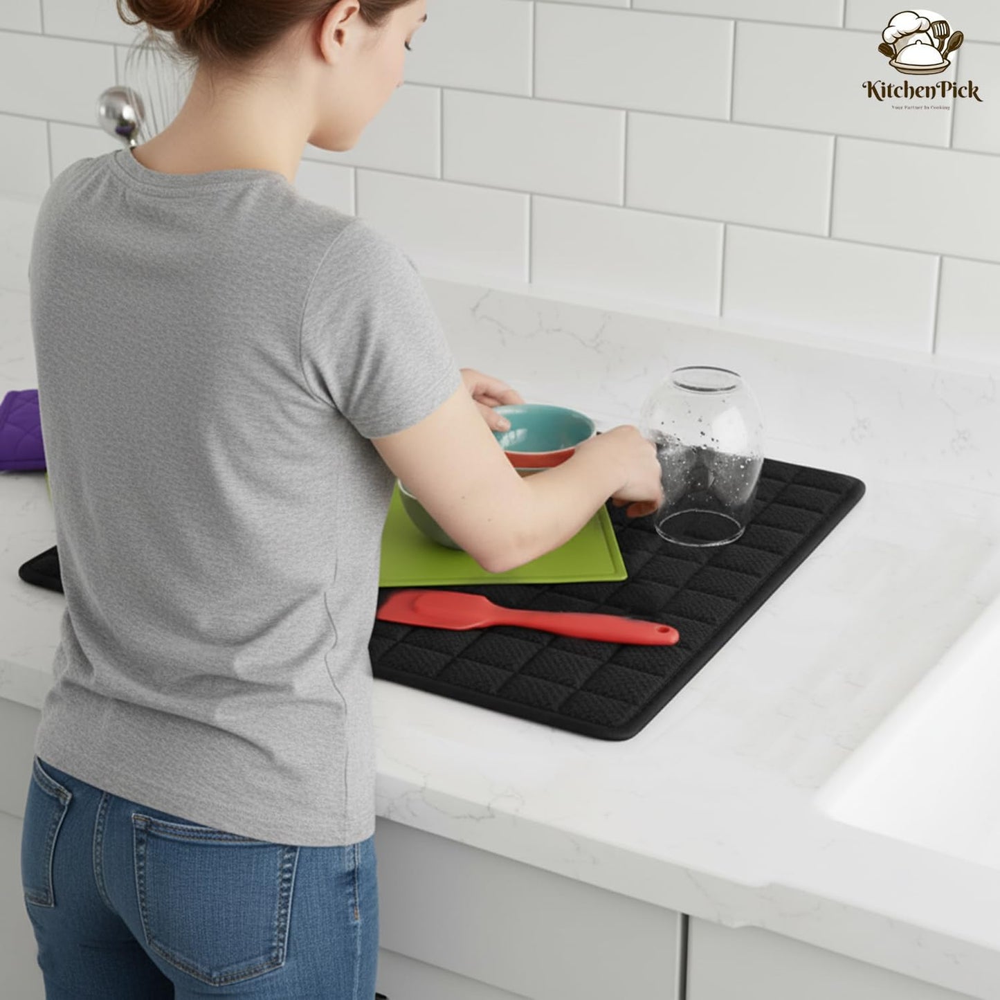 KitchenPick Microfiber Dish Drying Mat 15" x 20", Large Water-Absorbent Dish Drying Mat, Soft Quick-Dry Mat for Sink Dishes, Pots and Pans, Machine Washable Black Dish Drying Matt Kitchen Counter