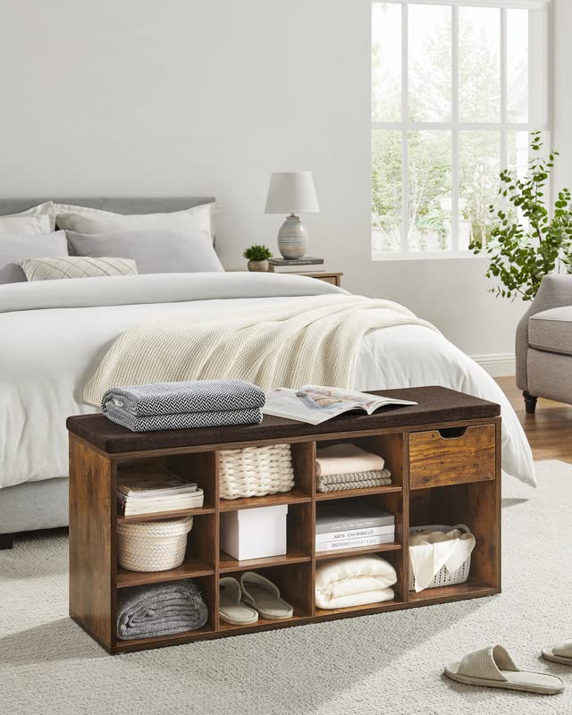 VASAGLE Rustic Brown Shoe Bench with Cushion and Storage, 10 Compartments - Brown + Chestnut Brown