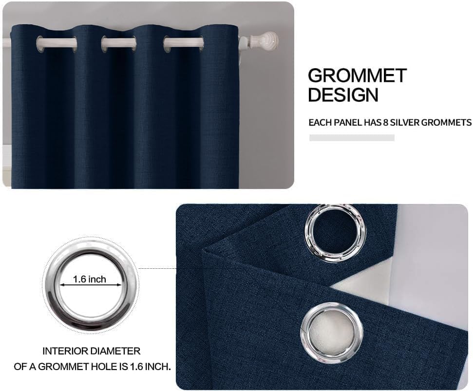 MIULEE 100% Blackout Linen Textured Curtains - Thermal Insulated Midnight Blue Drapes | 52 x 84 Inch (2 Panels)