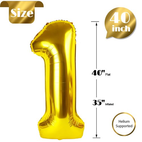40 Inch Gold 1 Balloon for First Birthday, Gold One 1st Number Balloon Birthday Decorations, 10th 21st, Giant Number 1 Balloon