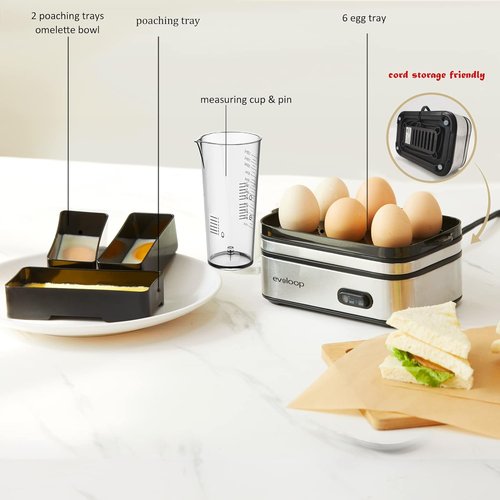 Evoloop Rapid Egg Cooker - Electric 6-Egg Capacity | Soft, Medium, Hard Boiled & Poached Eggs, Auto Shut-Off, BPA Free