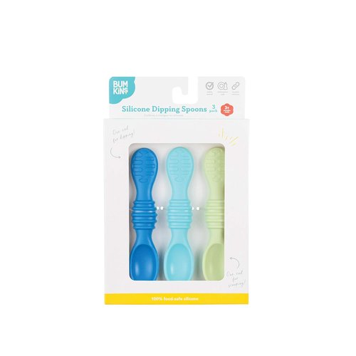 Bumkins Baby Utensil Set - Silicone Trainer Spoons for Self-Feeding | Soft Tip, 3-Pack in Blue & Green