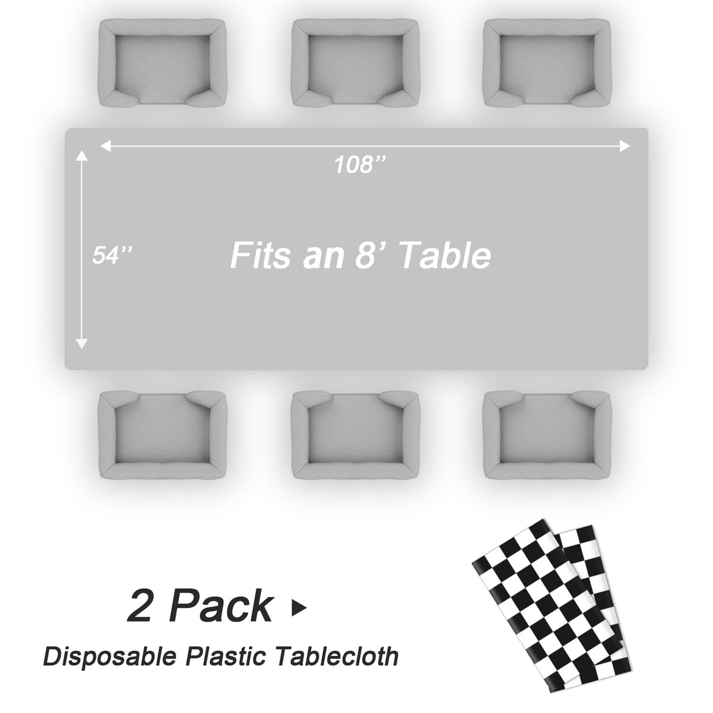 QIKSION Checkered Tablecloth Disposable 2 Pack, 54 x 108 Inch Black and White Checkered Flag Table Cloth for Race Car Decorations, Birthday Party Supplies, Rectangle, Plastic Table Cover