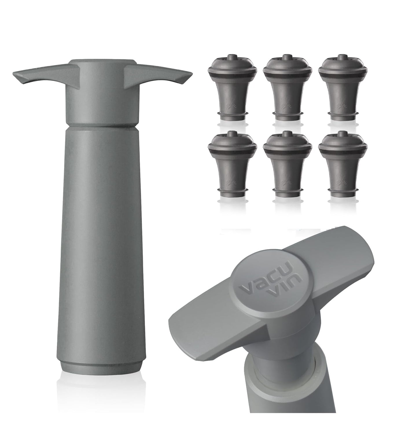 Vacu Vin Wine Saver Pump Gray with Vacuum Wine Stopper - Keep Your Wine Fresh for up to 10 Days - 1 Pump 6 Stoppers - Reusable - Made in the Netherlands
