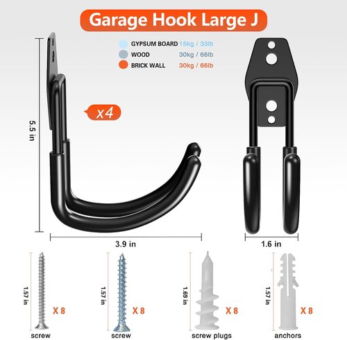 HUPBIPY Heavy Duty Garage Hooks - J Shaped Wall Mounted Storage System for Tools & Bikes | 4 Pack