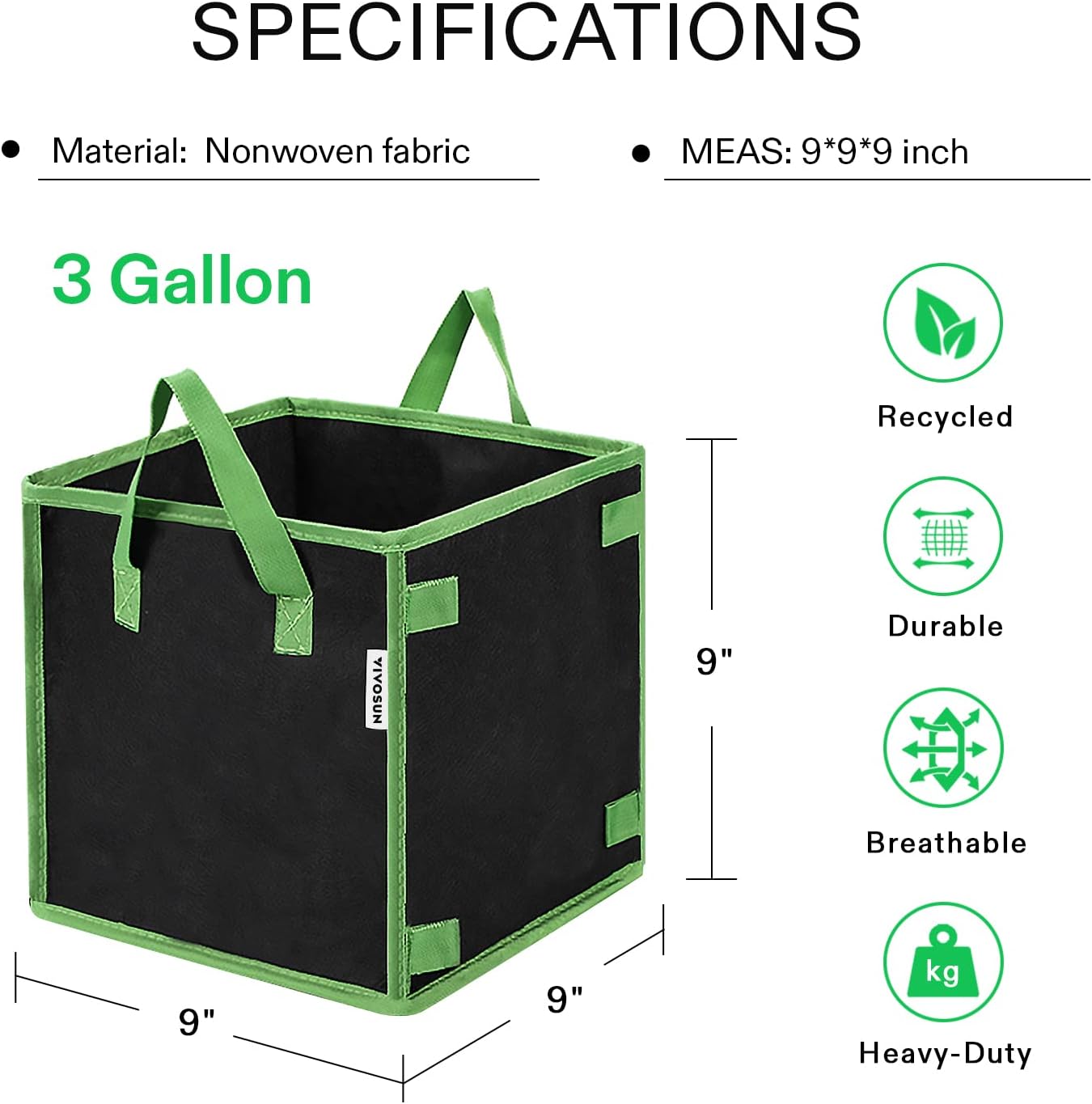 VIVOSUN 3 Gallon Square Grow Bags - Durable Nonwoven Fabric Pots with Handles for Gardening | 5 Pack