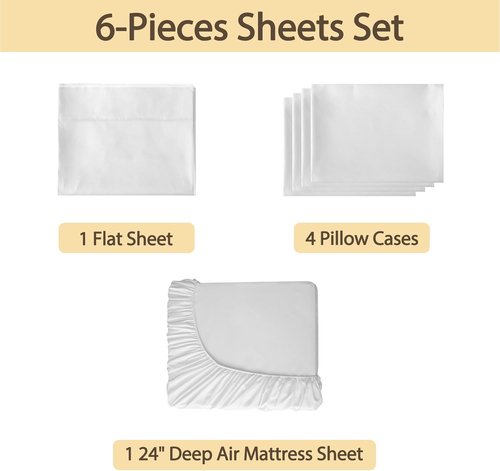 Air Mattress Sheet Set - Queen Size 6-Piece Deep Pocket Sheets for 16-24 Inch Air Beds | Easy Inflate Access, White