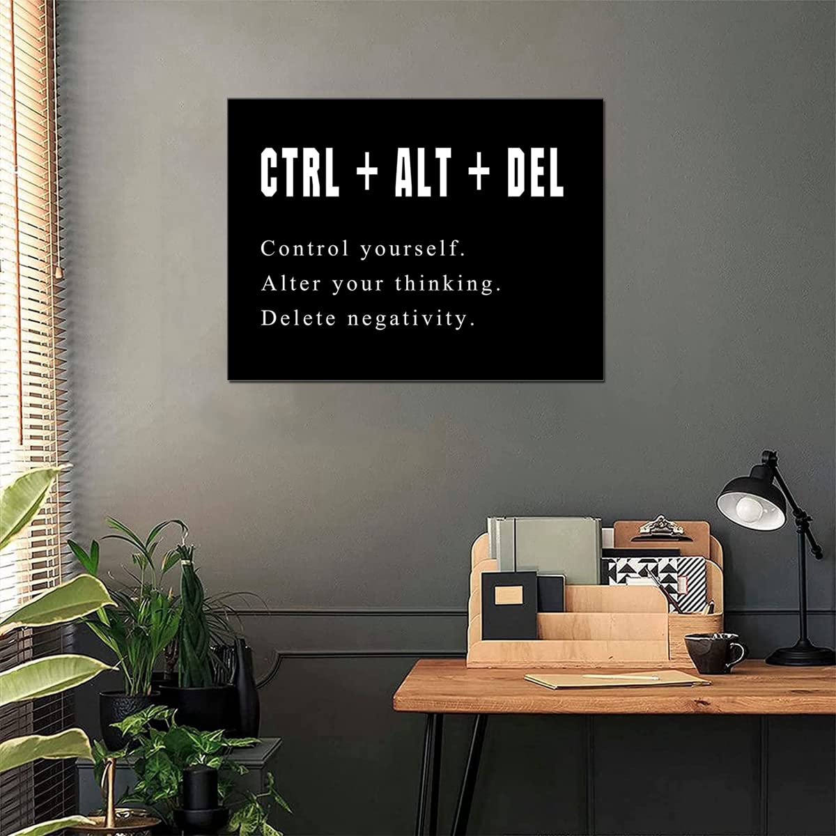 Large Black Motivational Wall Art Artwork Motto Control Alt Delete Office Positive Quotes Canvas Print Inspirational for Office Living Room Home Decor Framed 20x28inch