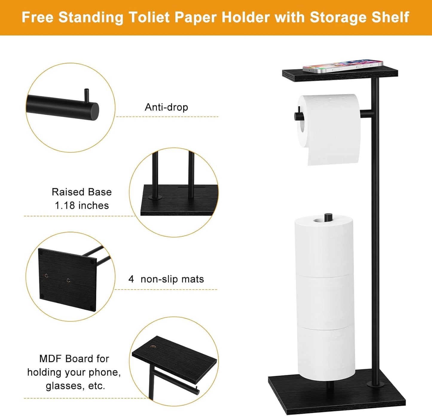 Skiennix Free Standing Toilet Paper Holder - Black Bathroom Tissue Dispenser with Storage Shelf