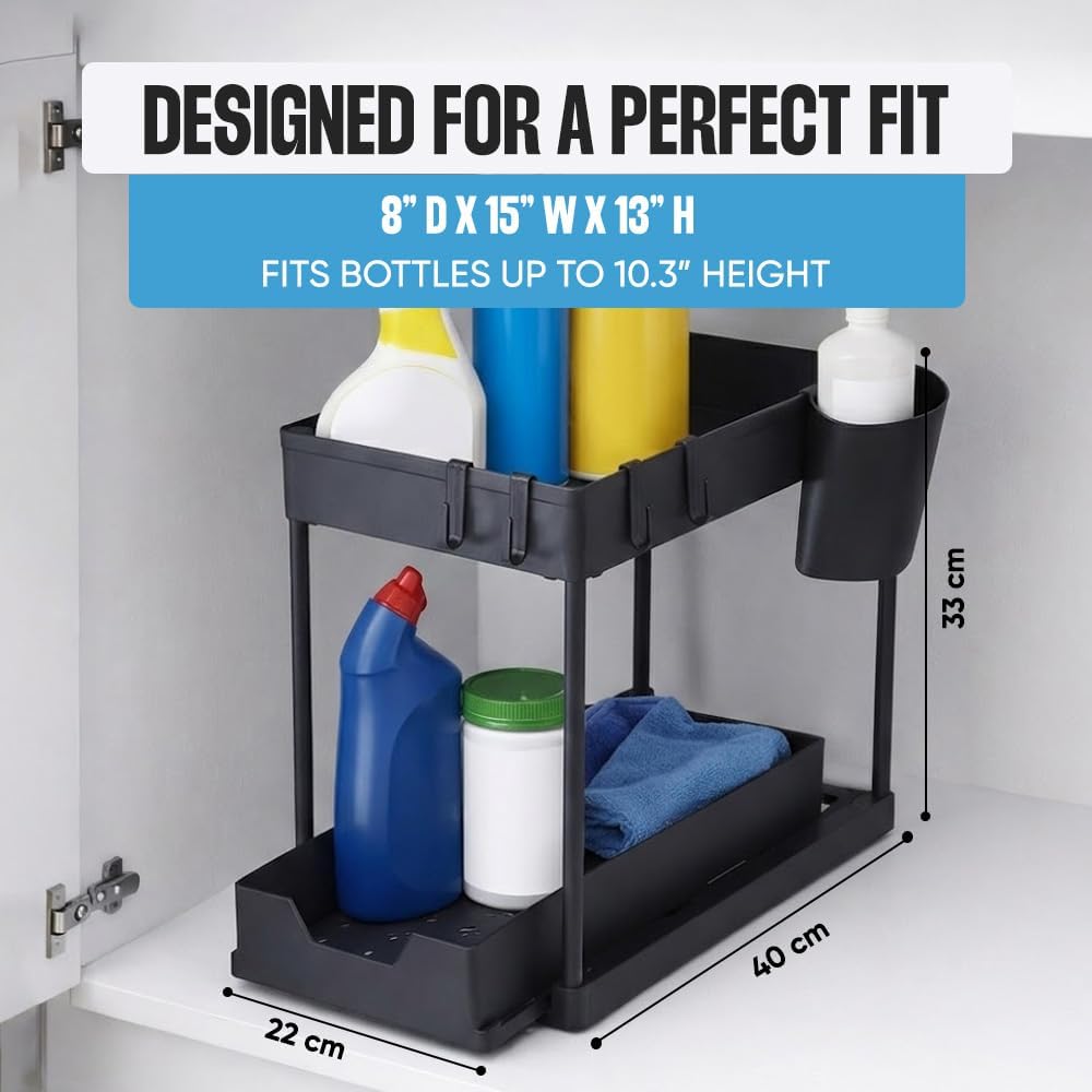 Undersink Organizer - 2-Tier Storage Rack with Sliding Drawers for Kitchen & Bathroom - Black