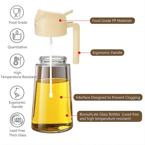 2 in 1 Olive Oil Sprayer & Dispenser Bottle – 470ml/16oz Glass Spray and Pour Oil Bottle for Cooking, Air Fryer, Salad, BBQ – Kitchen Gadgets & Accessories (White)