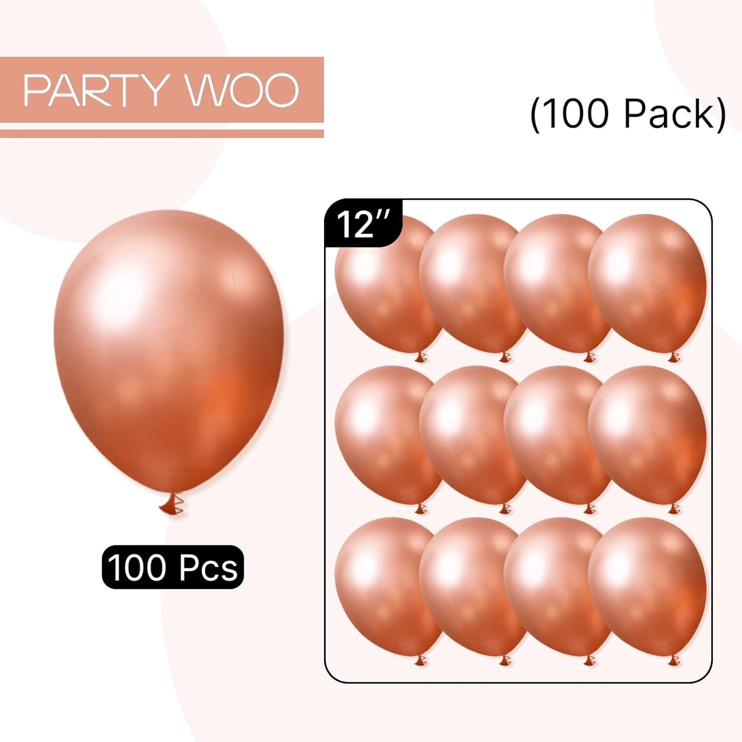 PartyWoo Rose Gold Balloons - 100pcs 12 Inch Metallic Chrome for Weddings & Celebrations