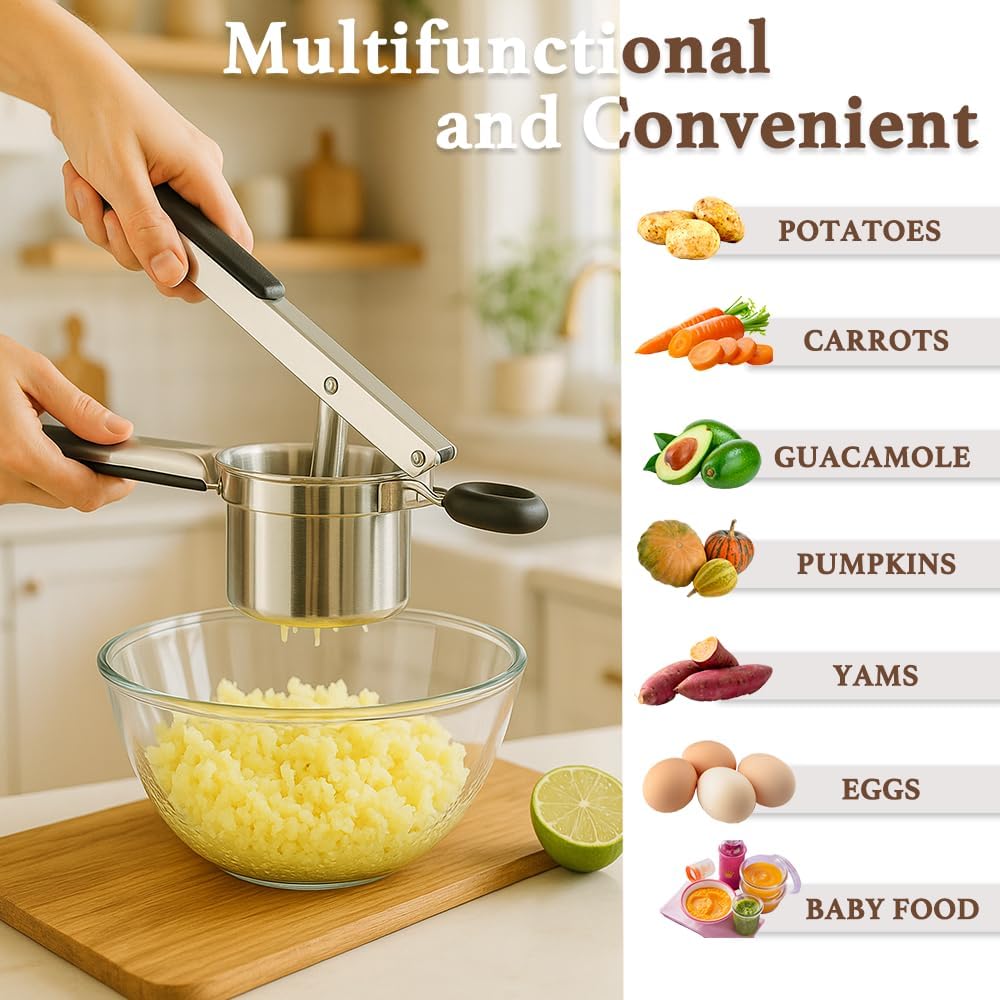 Skiennix Heavy Duty Potato Ricer - Stainless Steel Masher for Perfectly Pressed Potatoes & Vegetables