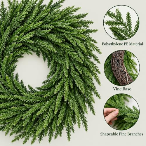 ICX 26-Inch Real Touch Norfolk Pine Wreath for Front Door Christmas Decor