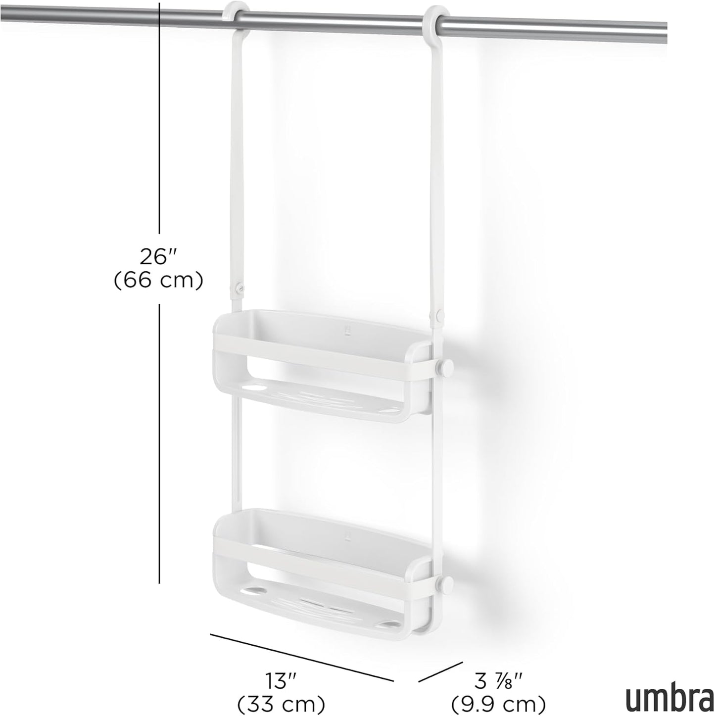 Umbra Flex Hanging Shower Caddy - 2-Tier Bathroom Organizer with Bathtub Shelf | White