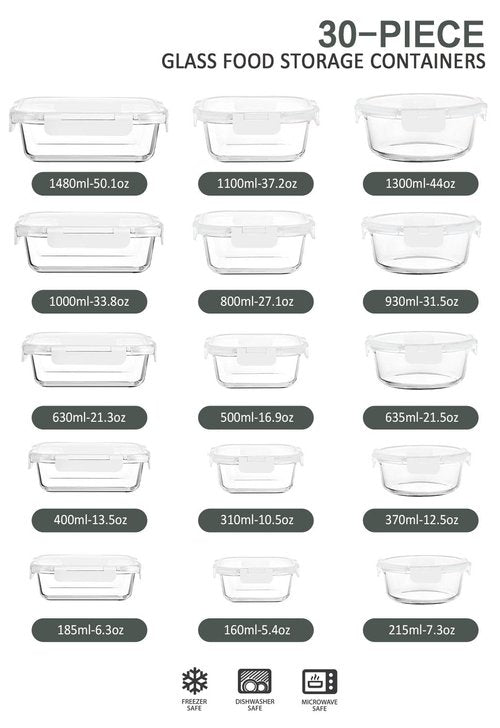 30 Pieces Glass Food Storage Containers with Upgraded Snap Locking Lids,Glass Meal Prep Containers Set - Airtight Lunch Containers, Microwave, Oven, Freezer and Dishwasher Friendly (White)