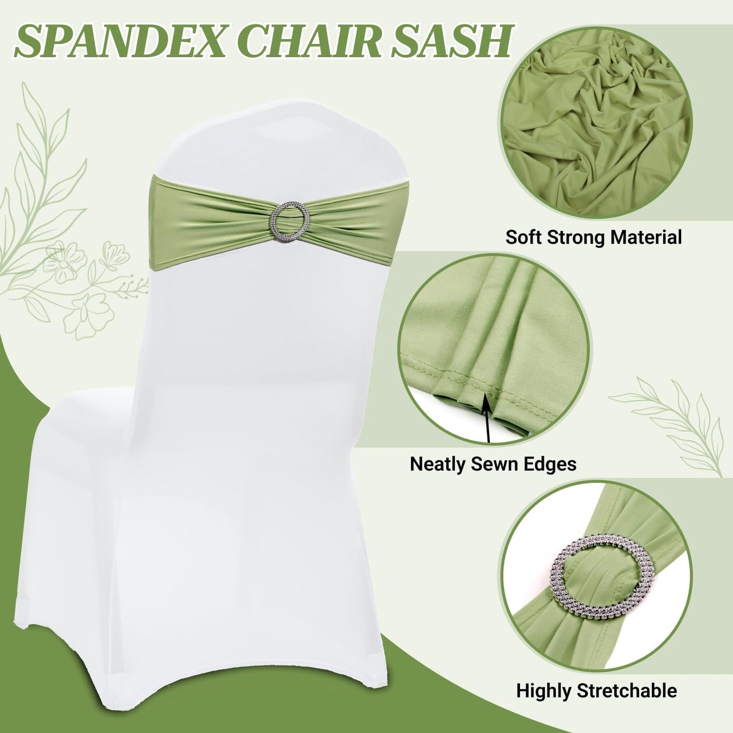 MDS Spandex Chair Sashes - Universal Fit Elastic Stretch Ties with Buckle for Events | Sage Green - Pack of 150