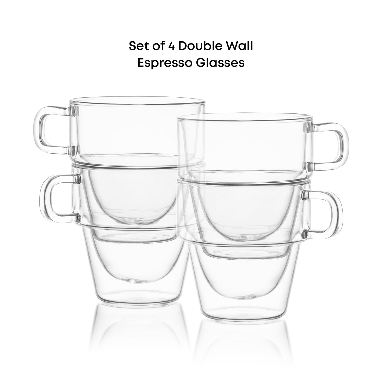 JoyJolt Stoiva Double Wall Insulated Espresso Glass Cups – 5 oz. (150 ml) Shot Cup with Handle – Stackable Thermal Clear Glass Cups, Fit for Espresso Machine and Coffee Maker – Set of 4