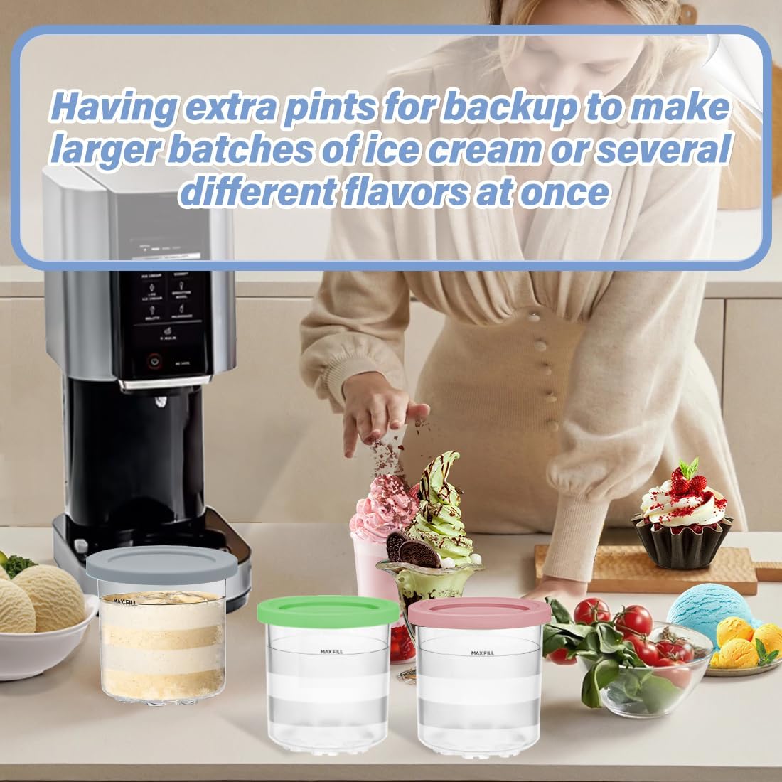 NANOBABY Pint Containers - 16oz Replacement Lids for Ninja CREAMi 7-in-1 Ice Cream Maker | BPA-Free 4-Pack
