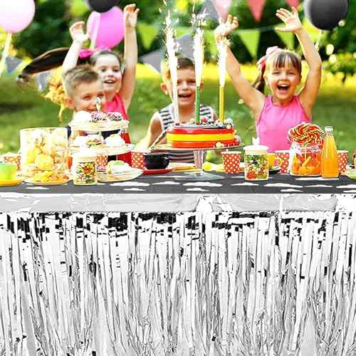 2 Pack 29.5x72 Inch Metallic Foil Fringe Tinsel Table Skirts Tinsel Backdrop Curtains for Rectangle Tables Parade Floats Mardi Gras Party(Silver)