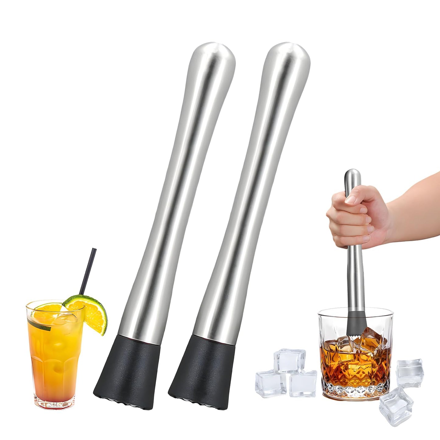 2 PCS Muddler for Cocktails,8" Stainless Steel Cocktail Muddler for Lemonade, Lemon Smasher Bartender Accessories, Crushes Ice,Fruits & Herbs, Bartender Tool for Home,Bar Use,Lemonade stand supplies