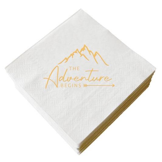 The Adventure Begins Napkins, 50 Pcs White and Gold Party Paper Cocktail Napkins for Wedding Pregnancy Announcement Baby Shower Bachelorette Engagement Graduation Bridal Shower 3-Ply