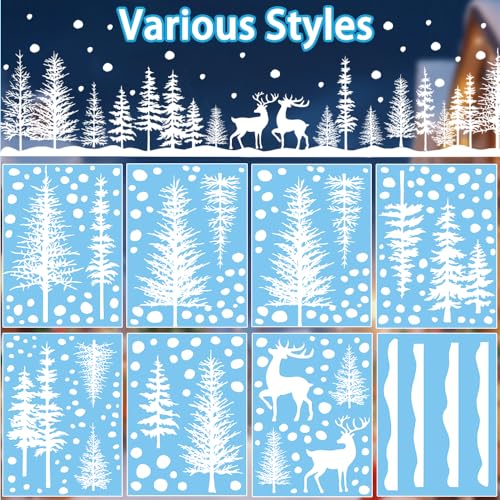 DIYDEC 8 Sheets Christmas Window Clings Snowy Christmas Forest Trees Window Decals Double-Sided Winter Window Stickers Decorations for Xmas Holiday Home Party Glass