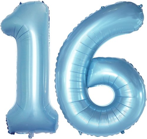 GOER Jumbo Number 16 Balloons - 42 Inch Helium Foil Sweet 16 Birthday Decorations | Light Blue