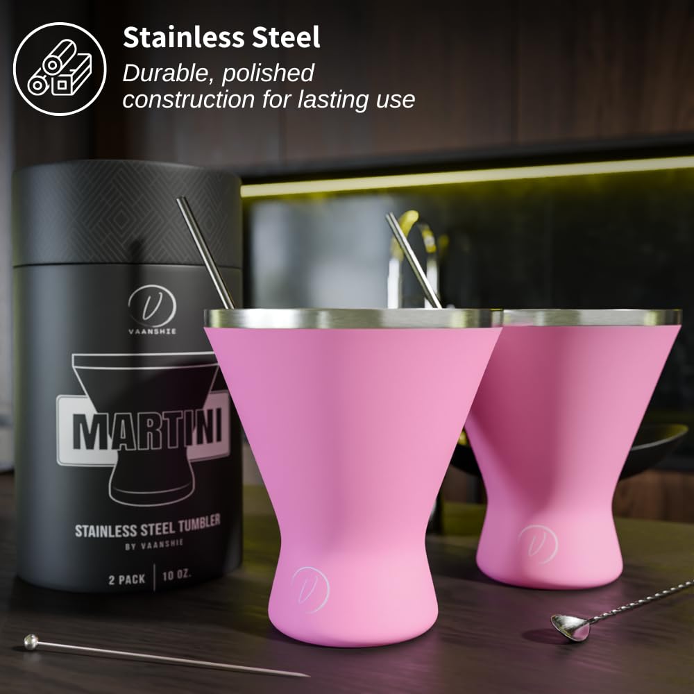 Mother’s Day Gift for Mom - Set of 2 [Pink] Stainless Steel Martini Glasses, Unbreakable Metal Cocktail Glass Set, Unique Gift for Women Wife, 10oz