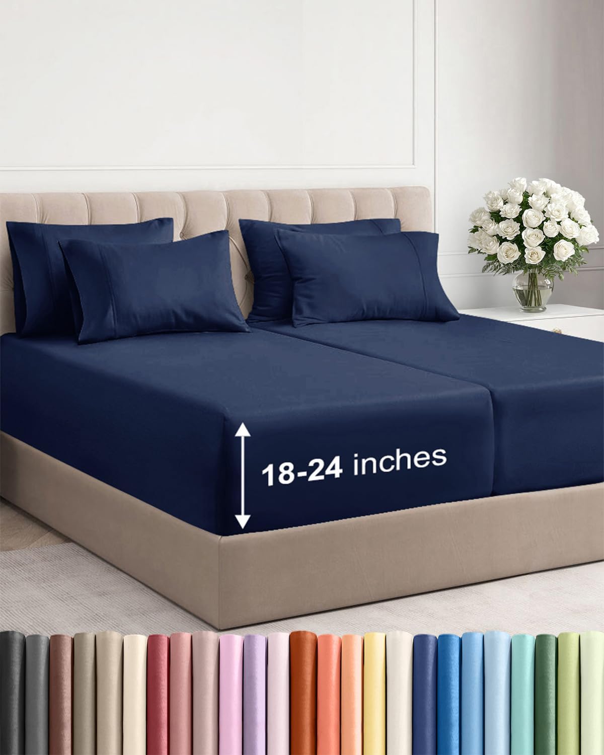 Skiennix Extra Deep Split King Sheet Set - 7-Piece Breathable Cooling Bedding - Soft, Wrinkle-Free Navy Blue